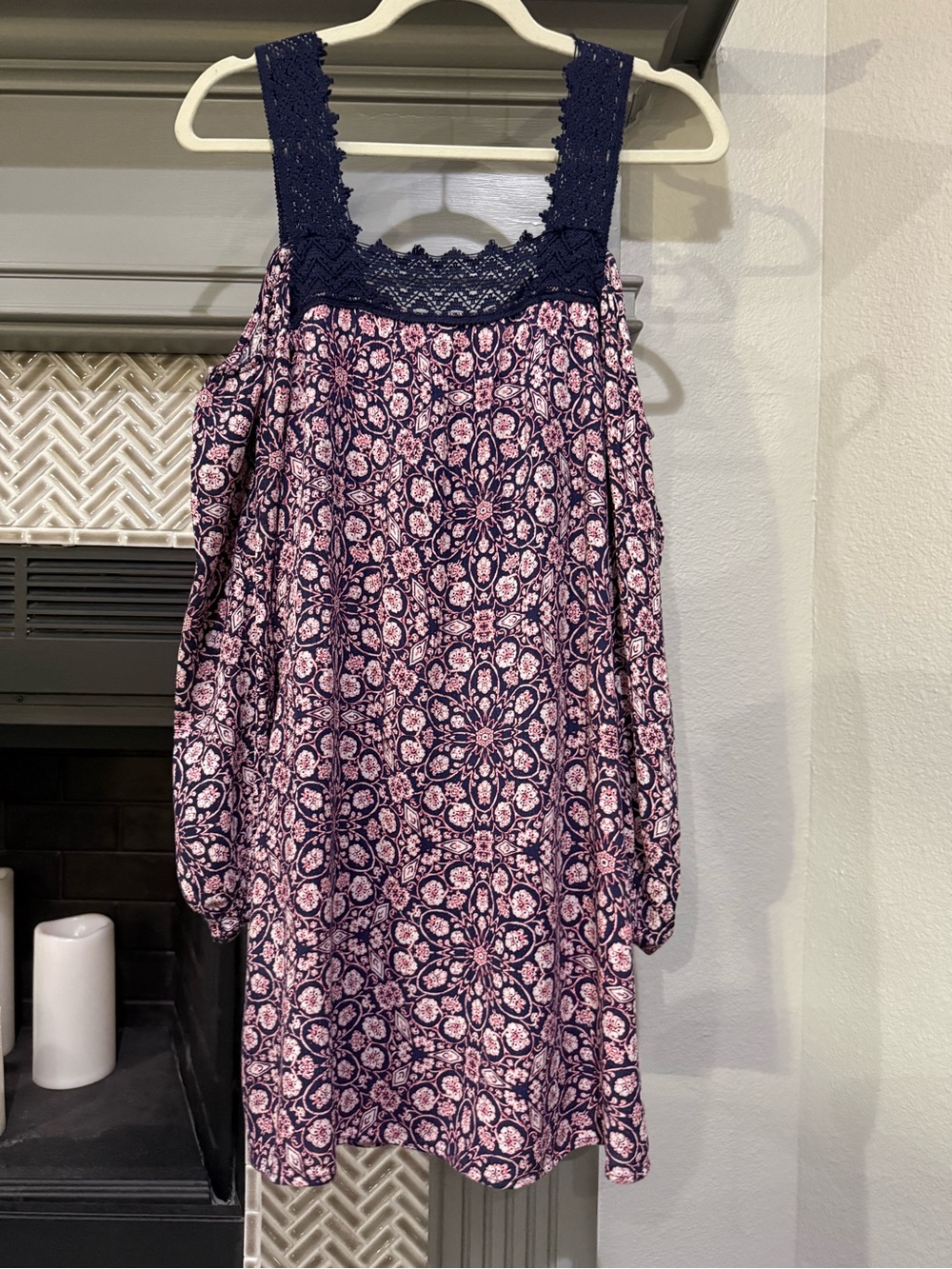 Xhilaration Navy and Pink Floral Cold-Shoulder Dress with Crochet Trim
